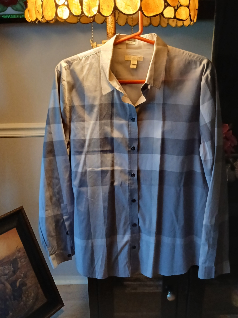 Burberry Brit Classic Grey Plaid Button-Up Collared Shirt Womens Sz XL